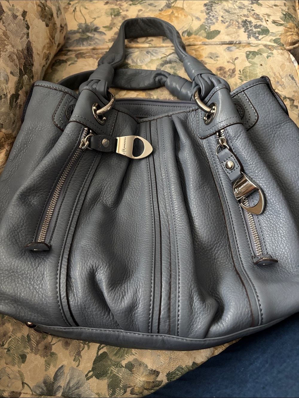 Grey Leather Shoulder Bag with Silver Hardware